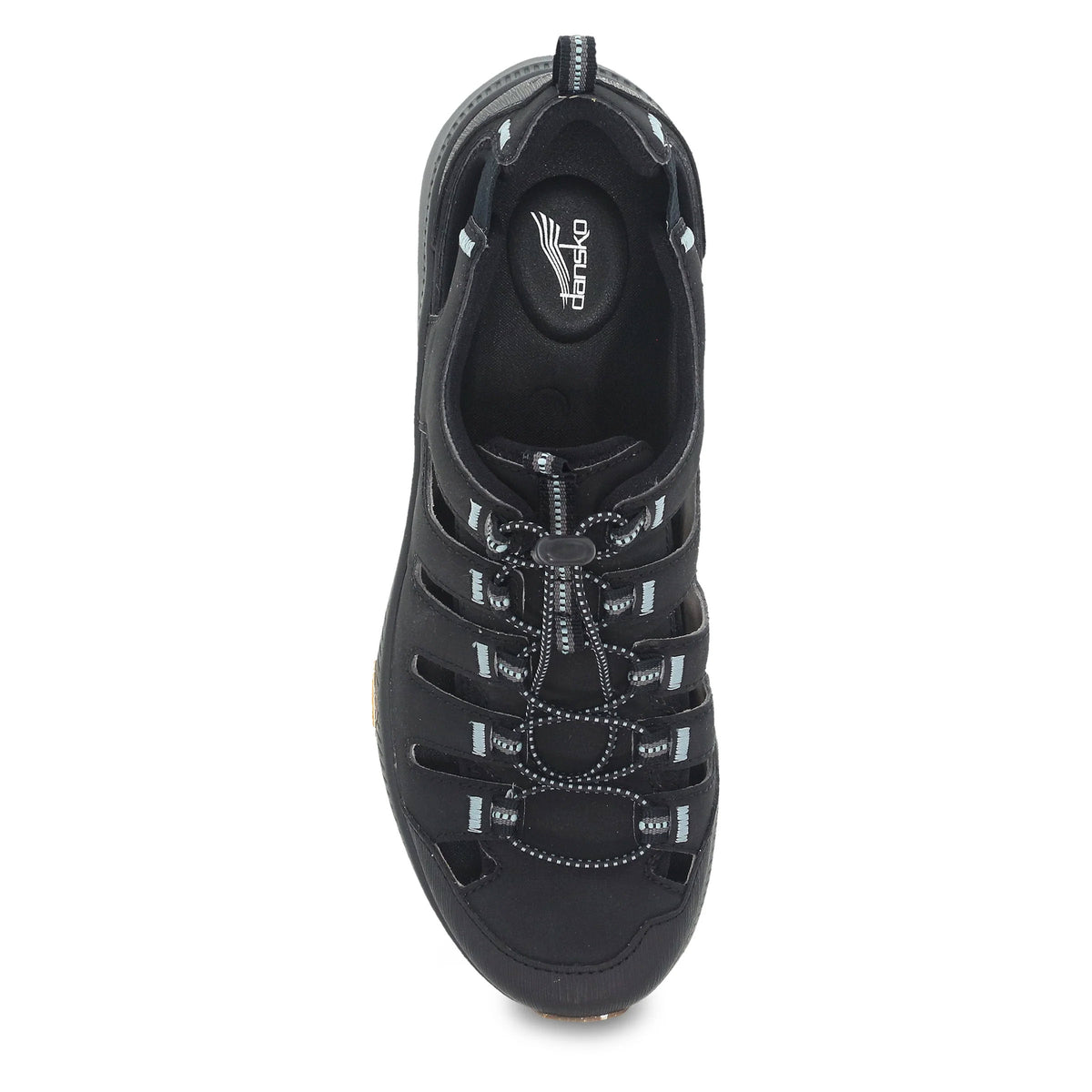 Top view of a Dansko Mia Black hiking shoe with laces and a visible logo on the insole, featuring a Vibram ECOSTEP EVO rubber outsole.