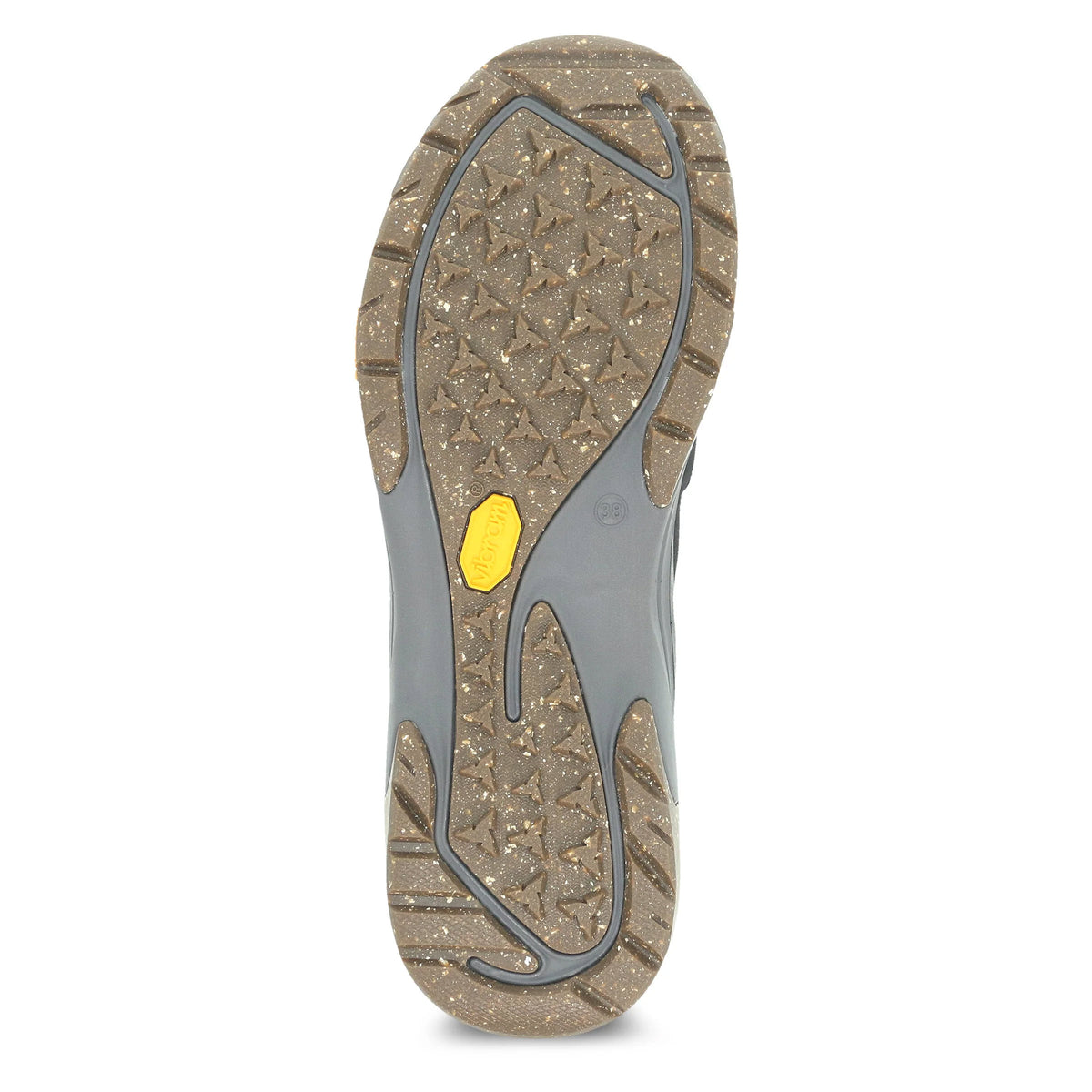 Bottom view of a Dansko Mia Black - Womens shoe featuring the textured Vibram ECOSTEP EVO rubber outsole with gray and brown segments and a small yellow logo.