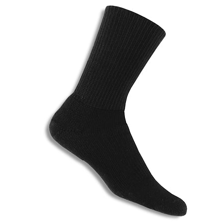 A single Thorlo Walk Crew Black sock displayed against a white background.