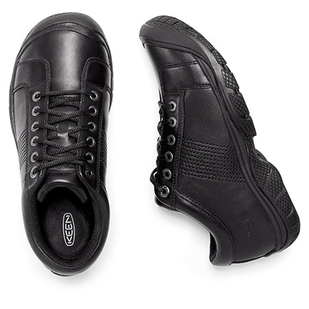 A pair of black water-resistant leather, Keen PTC Oxford lace-up sneakers viewed from above.
