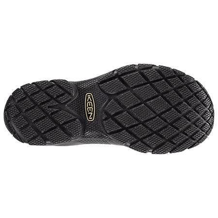 A black, slip-resistant outsole of a KEEN PTC OXFORD BLACK - MENS shoe with a distinctive tread pattern and the &quot;Keen&quot; logo in the center.