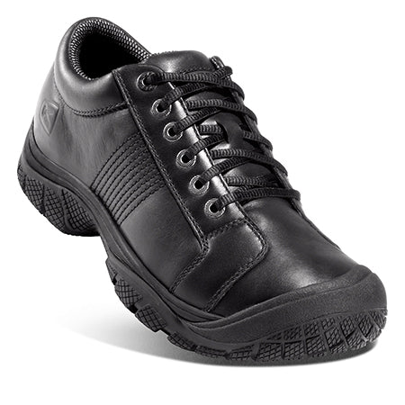 Black leather Keen PTC Oxford walking shoe with laces on a white background, featuring a slip-resistant outsole.