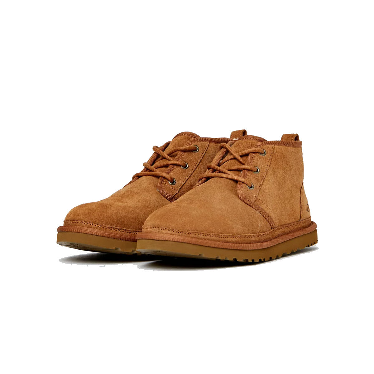 A pair of light brown suede Ugg Neumel lace insulated boots in chestnut, displayed against a white background.
