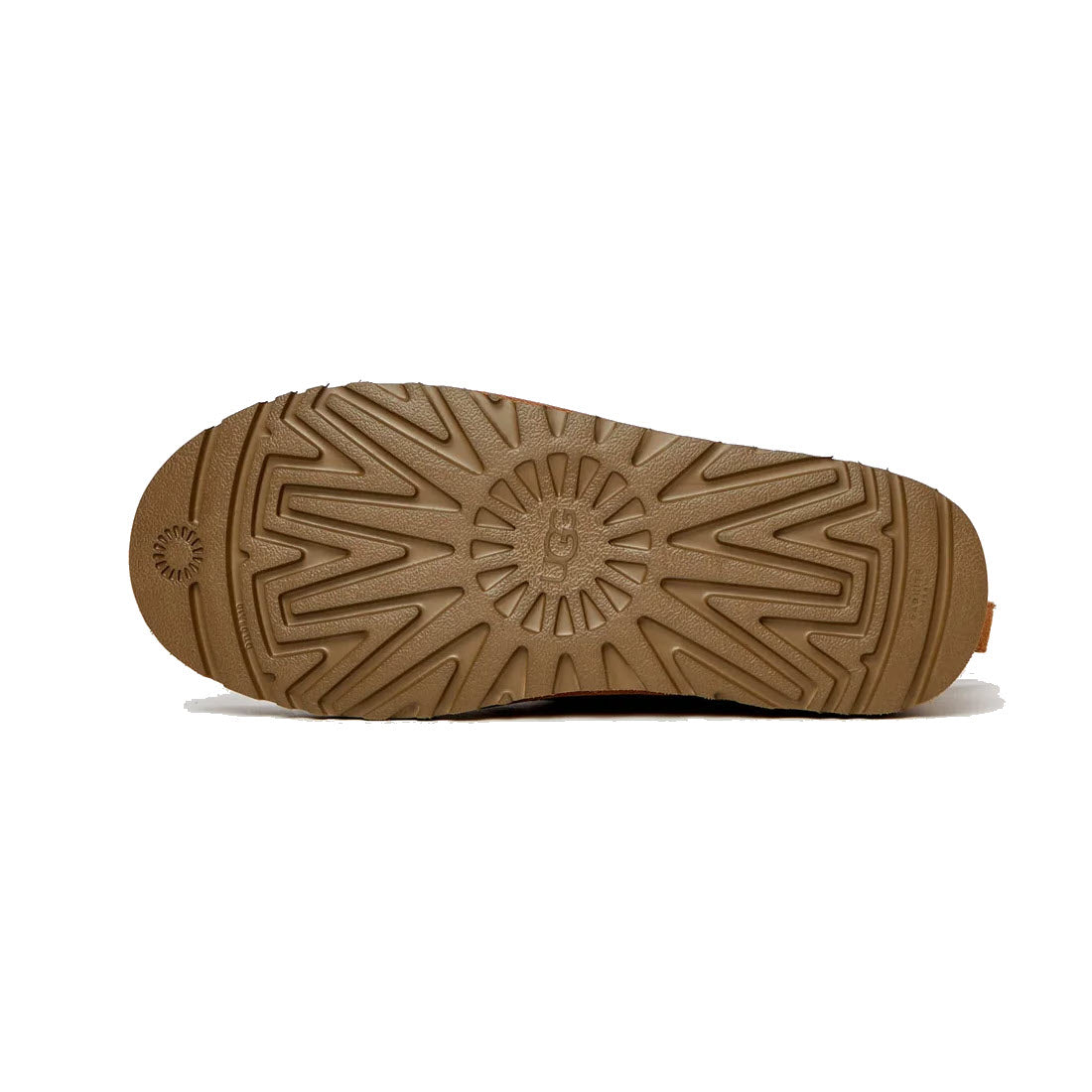 Sole of a tan UGG NEUMEL LACE INSULATED BOOT CHESTNUT - MENS shoe displaying a detailed tread pattern with a central circular design and radial lines.
