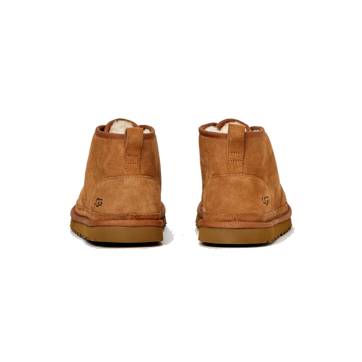 A pair of Ugg Neumel Lace Insulated boots in chestnut for men, viewed from the back, isolated against a white background.