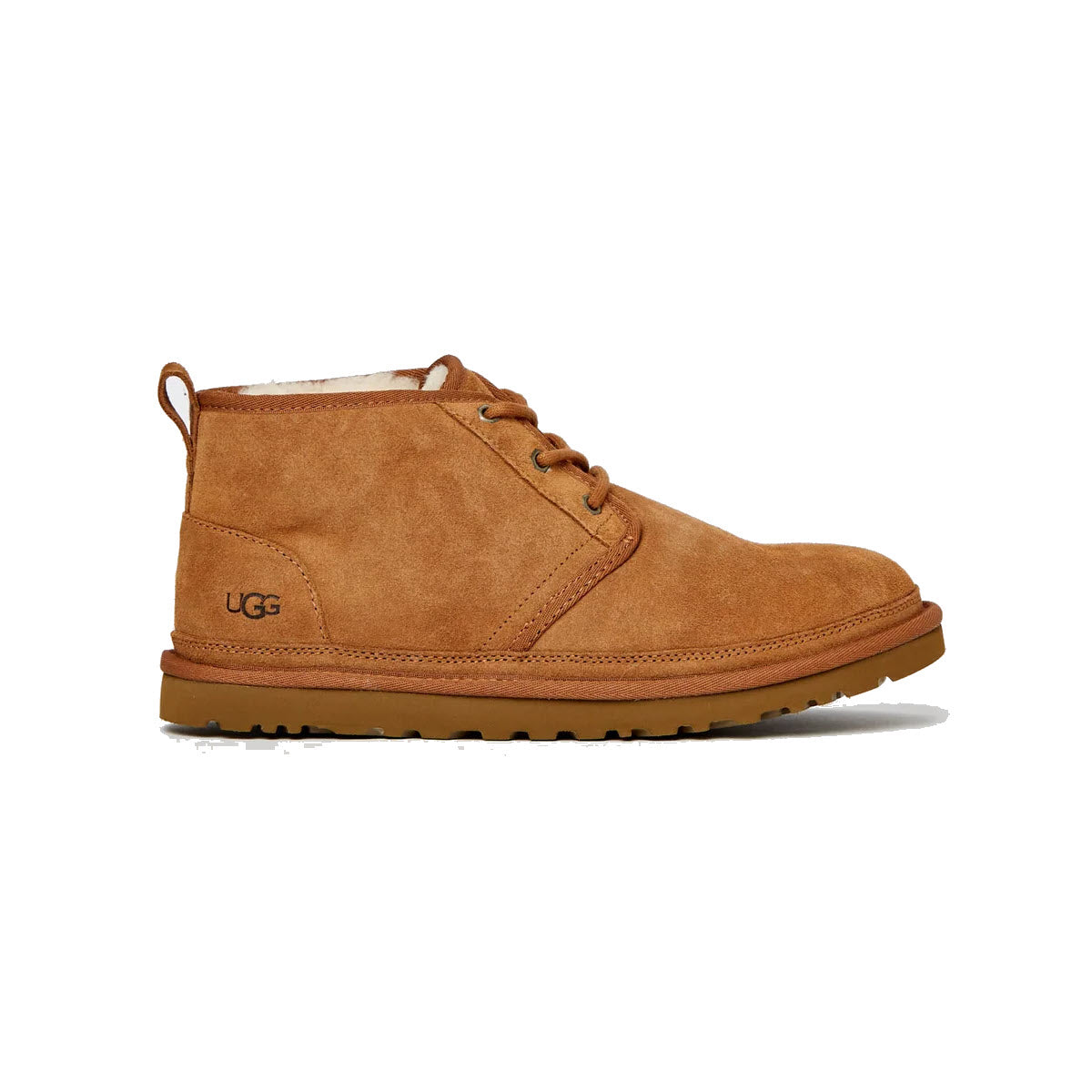 A single chestnut UGG Neumel brand boot with lace-up front and a rubber sole, isolated on a white background.