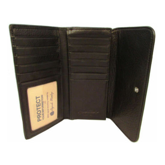 Open black genuine cowhide leather wallet with multiple card slots, a clear ID holder, and Osgoode Marley RFID Card Case for identity theft protection.