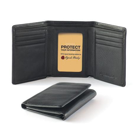 Osgoode Marley black leather wallet with RFID Mens Trifold Wallet design and identity theft protection information card displayed inside.
