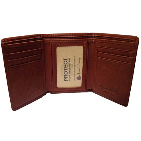 Brown genuine cowhide leather wallet open showing card slots and a protective OSGOODE MARLEY RFID MENS TRIFOLD BRANDY information card for identity theft protection.