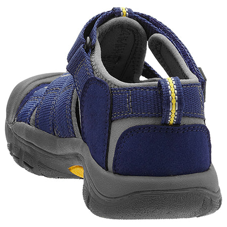 A pair of Keen Newport Blue Depths kids&#39; sandals with an adjustable hook and loop strap and a gray sole, perfect as kids&#39; summer sandals.
