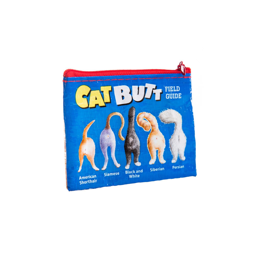 Blue Q novelty recycled plastic coin purses featuring "cat butt field guide" and illustrations of various cat breeds from behind, suitable for cash and credit cards.