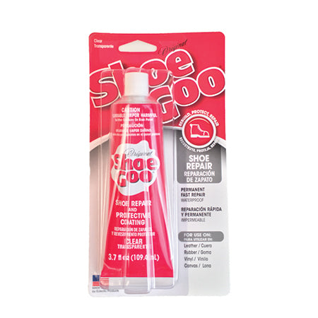 A package containing Shoe Goo Clear shoe repair adhesive and protective coating product with abrasion resistance.