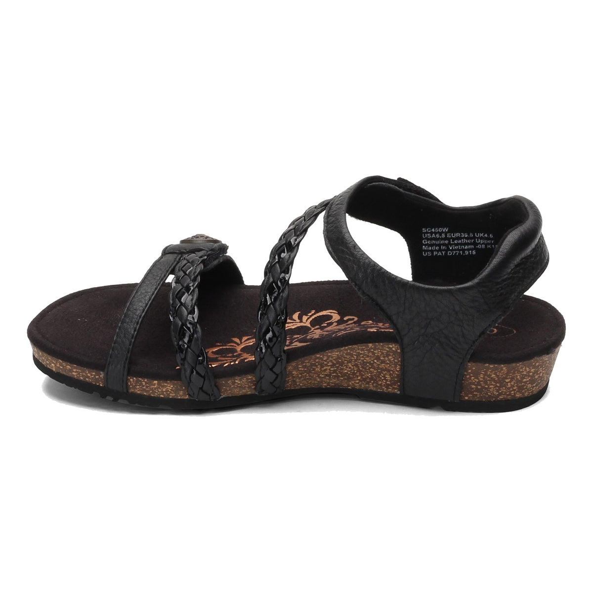 A black Aetrex Jillian Black Women’s Quarter-Strap Sandal with arch support, featuring a braided strap and cork sole, isolated on a white background.
