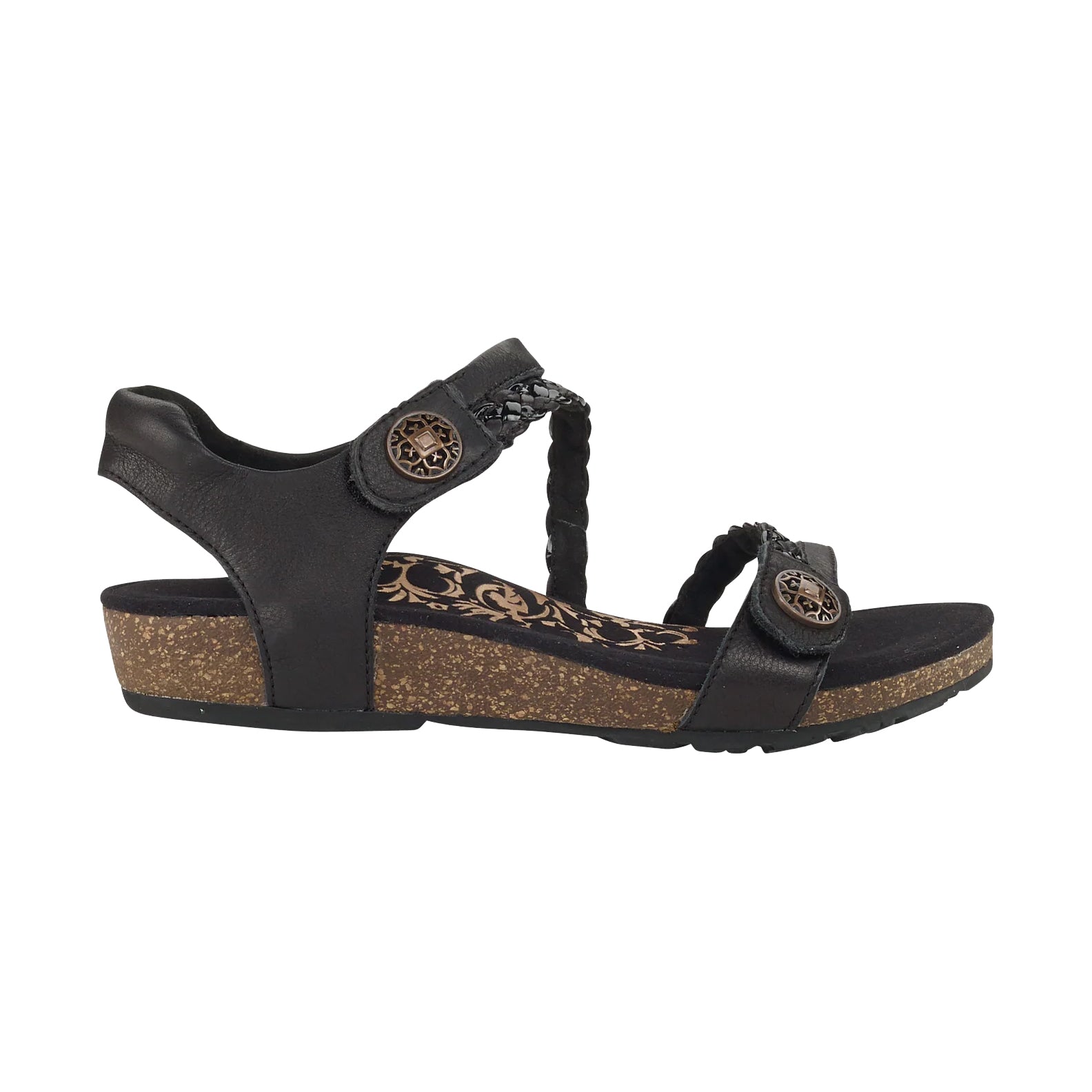 Aetrex Jillian Black - Womens wedge sandal with decorative accents and arch support.