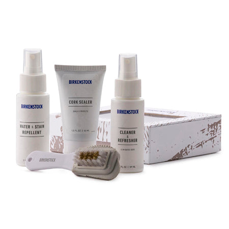 Birkenstock Deluxe Shoe Care Kit including water &amp; stain repellent, Cork Sealant, cleaner refresher, and a brush.