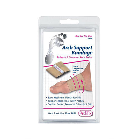 Pedifix Inc&#39;s PEDIFIX ARCH SUPPORT BANDAGE designed to relieve Plantar Fasciitis and flat feet pains, featured in packaging.