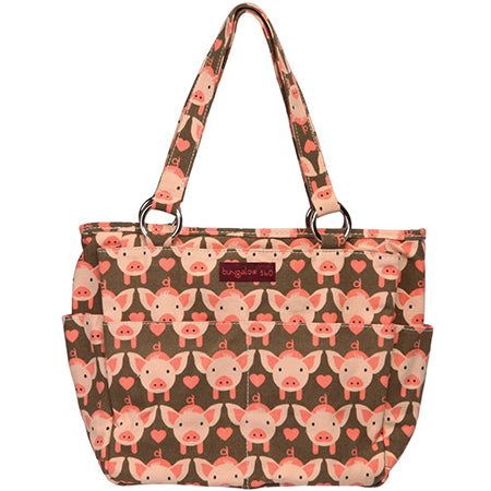 Patterned natural canvas satchel tote bag with pig design by Bungalow 360.