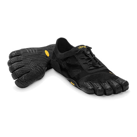 A single black Five Fingers KSO EVO womens five-toed running shoe isolated on a white background.