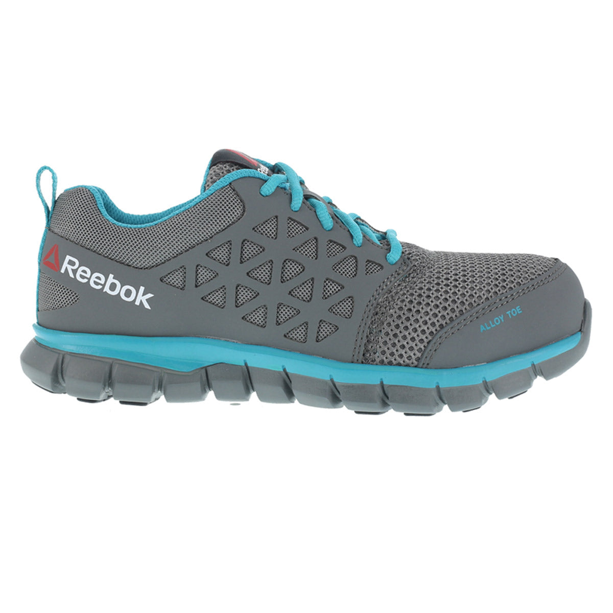 Gray Reebok Work RB045 steel toe running shoe with teal accents, a zigzag sole design, and a slip-resistant outsole.