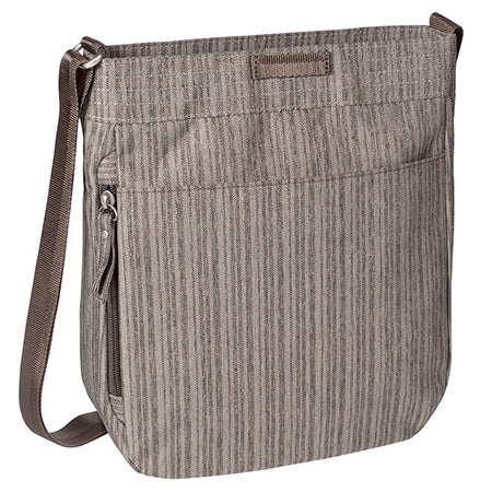 Haiku gray fabric travel Jaunt crossbody bag with a front exterior zip pocket.