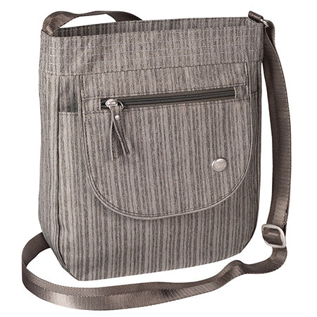 Haiku gray fabric Jaunt crossbody bag with front zippered pocket and flap closure, featuring a spacious main compartment, ideal for travel.