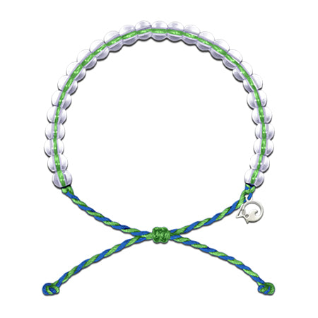 4Ocean bracelet with a heart charm and green and blue adjustable cord, crafted from recycled materials.