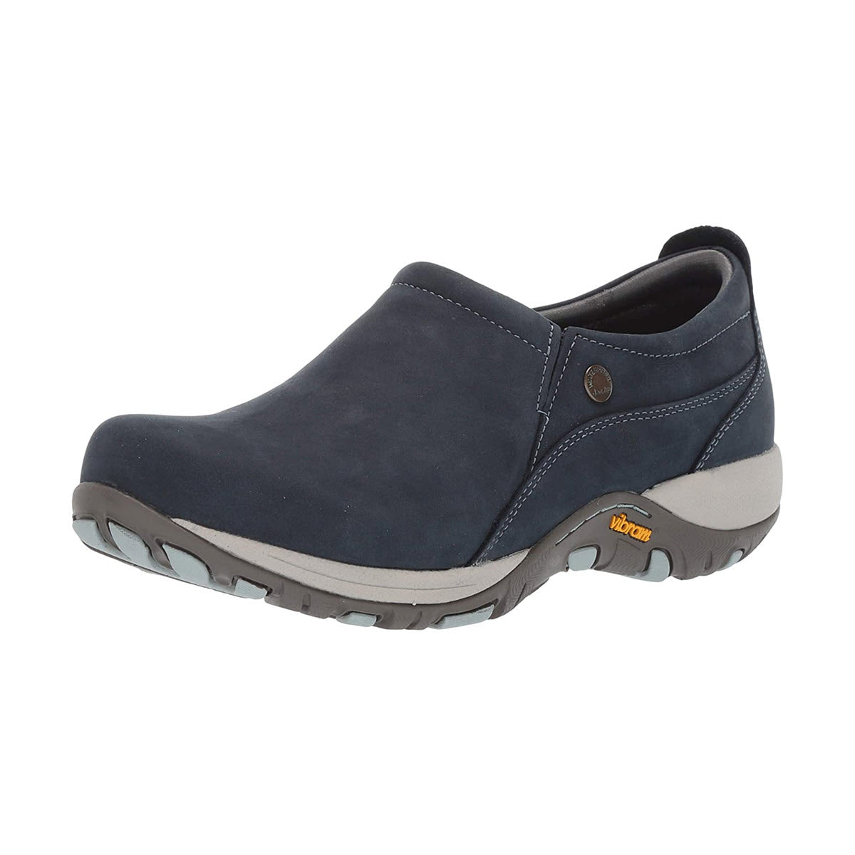 Dansko navy blue slip-on casual shoe with a button detail and a waterproof leather gray sole.