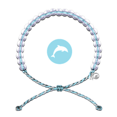 Illustration of a 4Ocean bracelet Blue Porpoise with dolphin silhouette and two crossed strings attached at the bottom, crafted from recycled ocean plastic.