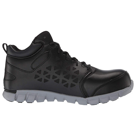 Black Reebok Work Sublite athletic shoe with patterned side panel and white sole, featuring a waterproof leather upper.