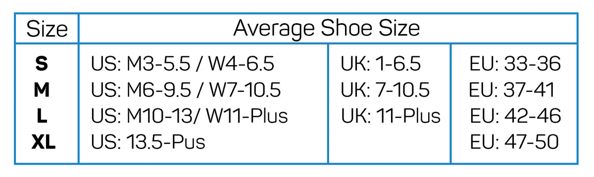 Table showing average shoe sizes categorized by s, m, l, xl with corresponding us, uk, and eu measurements for OS1st Plantar Fasciitis relief socks.