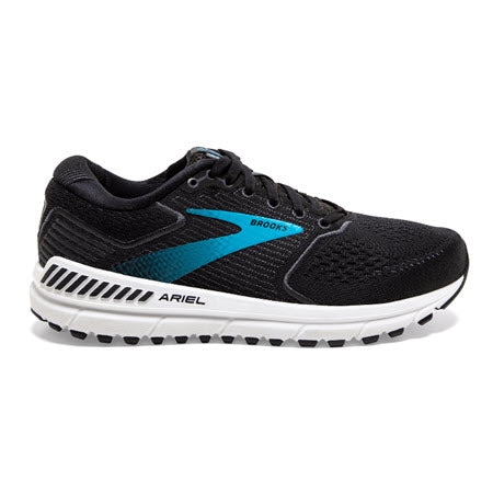 Black and teal Brooks Ariel 20 stability trainer with white sole.
Product Name: Brooks Ariel 20 Black/Blue - Womens
Brand Name: Brooks