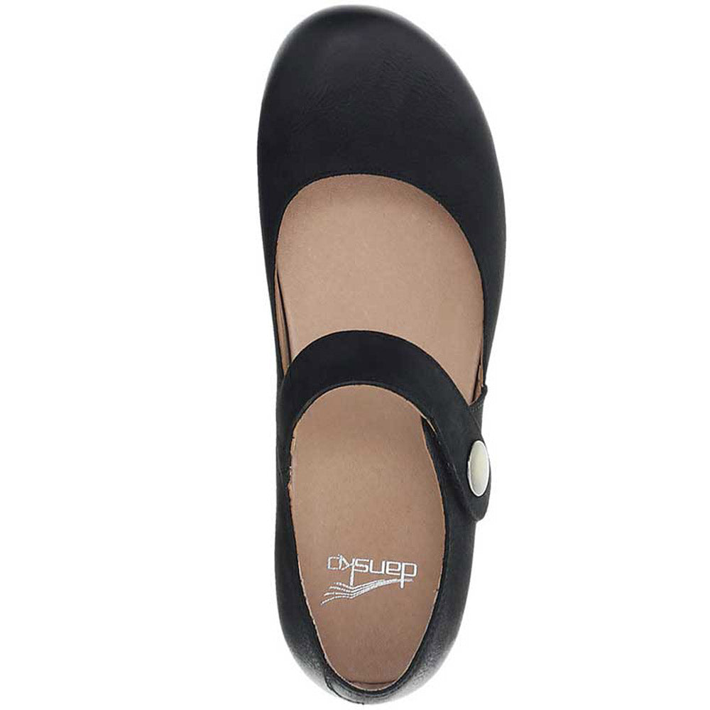 Sentence with replaced product: Dansko Beatrice Black Burnished women&#39;s mary jane style shoe with a single strap and button closure viewed from above.