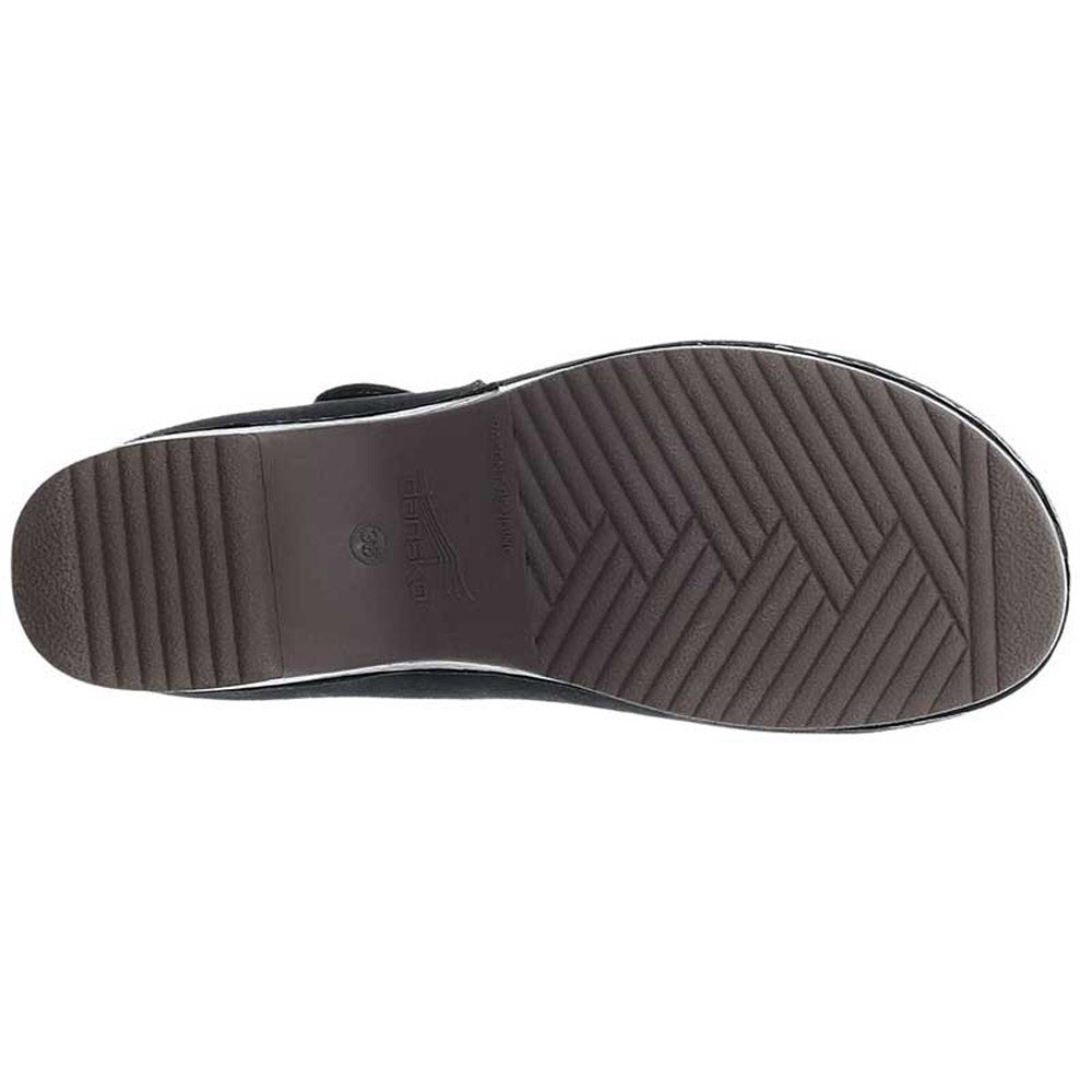 Sole of a Dansko Beatrice black burnished women&#39;s shoe with diagonal tread pattern.