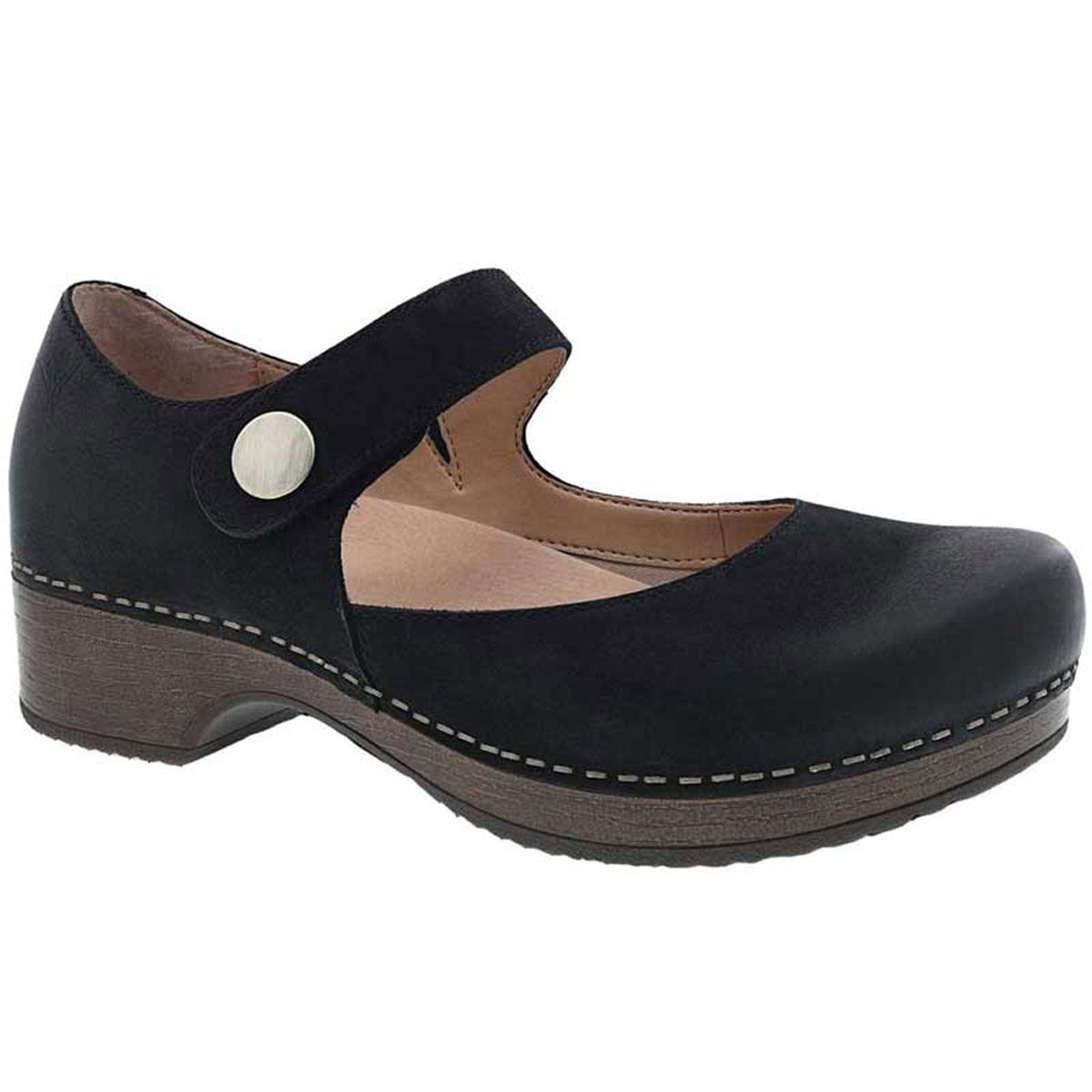 Black Dansko Beatrice Mary Jane style women&#39;s shoe with a strap and button closure on a white background will be replaced with DANSKO BEATRICE BLACK BURNISHED - WOMENS by Dansko.