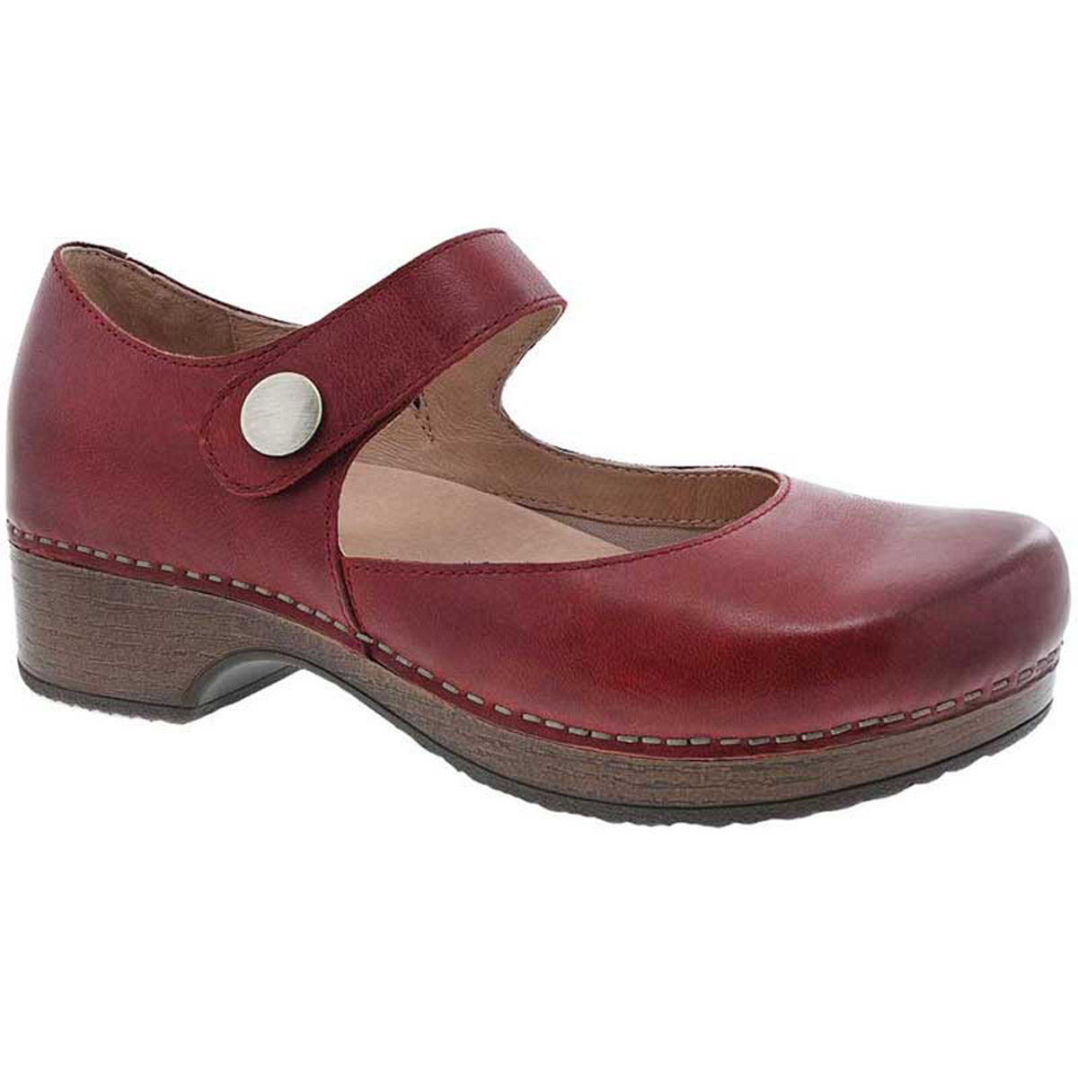 Women's Dansko Beatrice Red Waxy Burnished Mary Jane shoe with a strap and button closure on a white background.