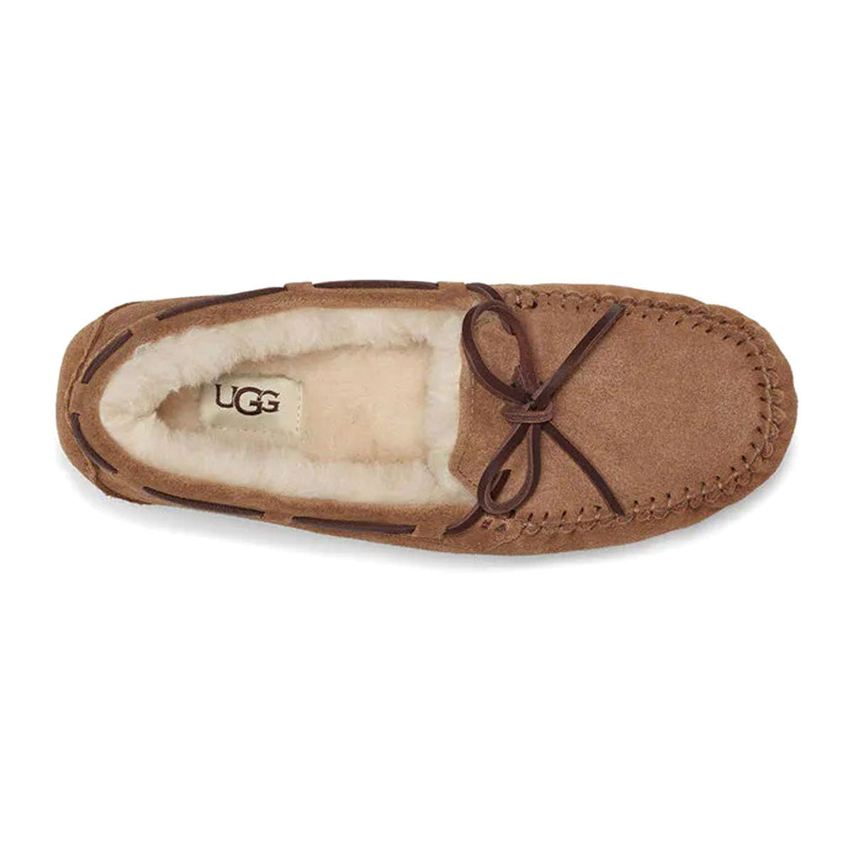 A single brown UGG Dakota Chestnut moccasin-inspired slipper with shearling lining displayed on a white background.