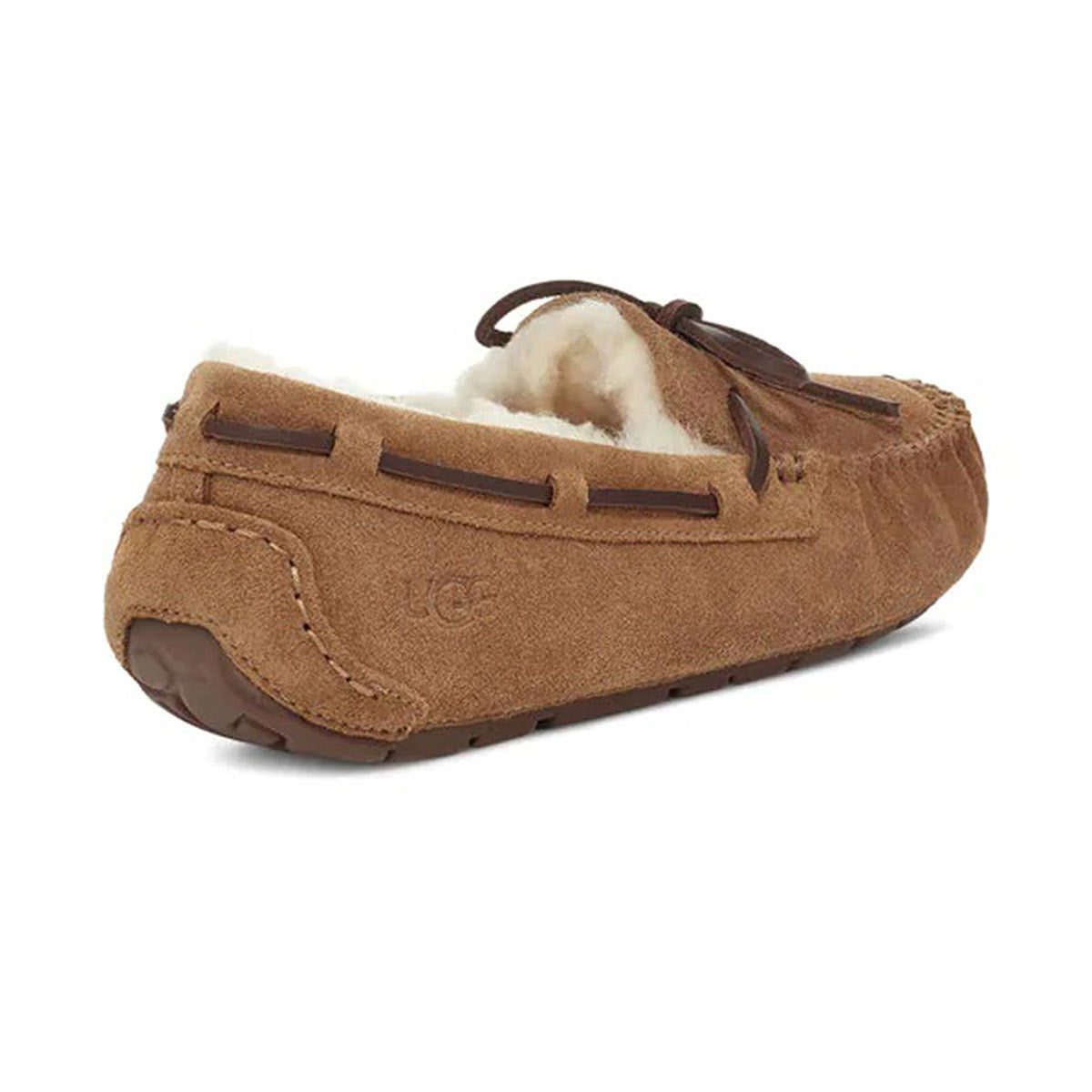 Brown suede Ugg Dakota Chestnut moccasin-inspired slipper with sheepskin lining and rubber sole.