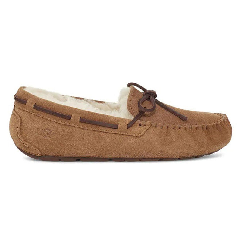 UGG Dakota chestnut suede moccasin-inspired slipper with shearling lining.
