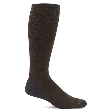 A single brown Sockwell Elevation Bark 20 30mmHg men's knee-high sock with reinforced heel, toe areas, and arch support displayed against a white background.