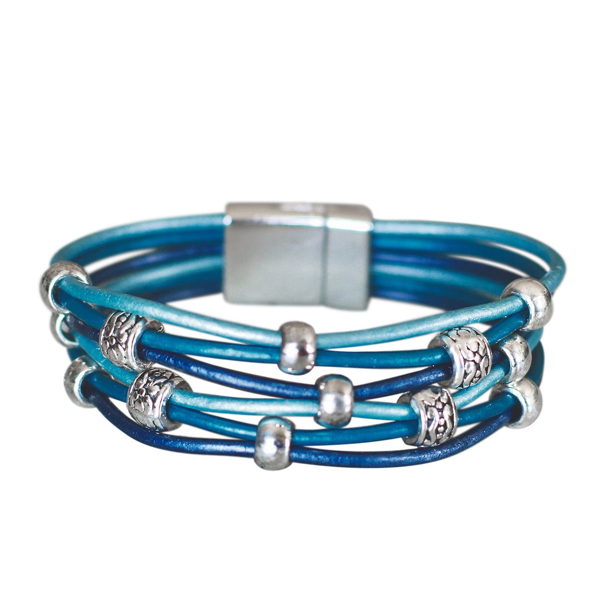 Butler Hill Nantucket bracelet Bluteal multi with pewter beads and silver accents on a white background.