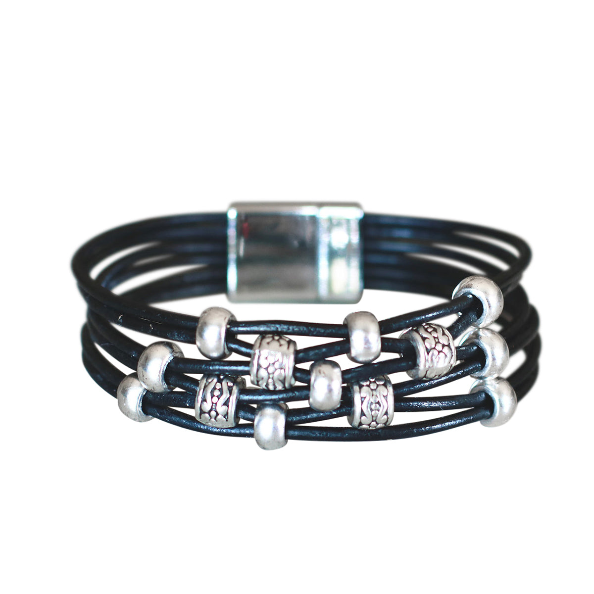 Butler Hill Nantucket bracelet black with engraved pewter beads and clasp on a white background.