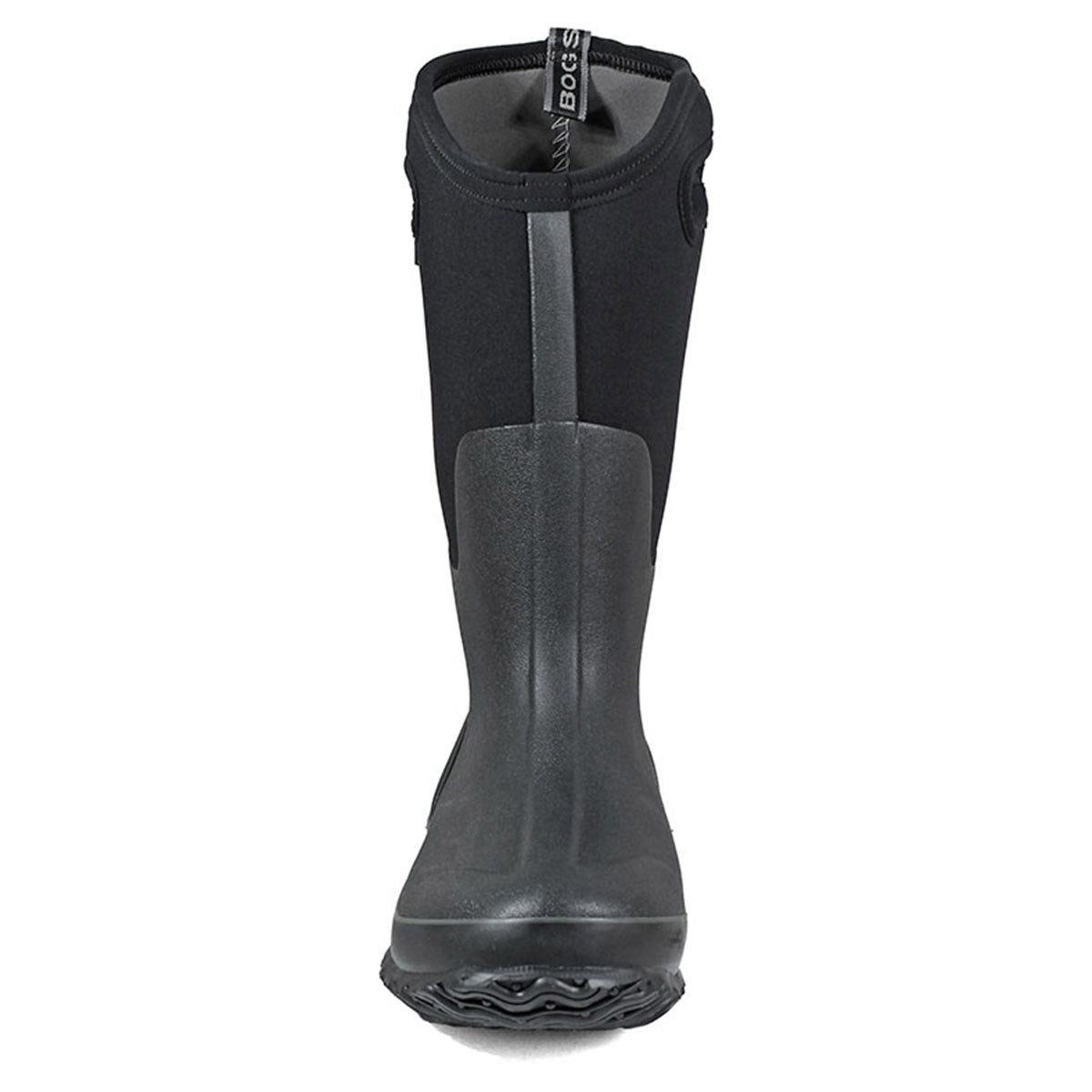 Black neoprene and rubber Bogs Classic Tall boot isolated on a white background.