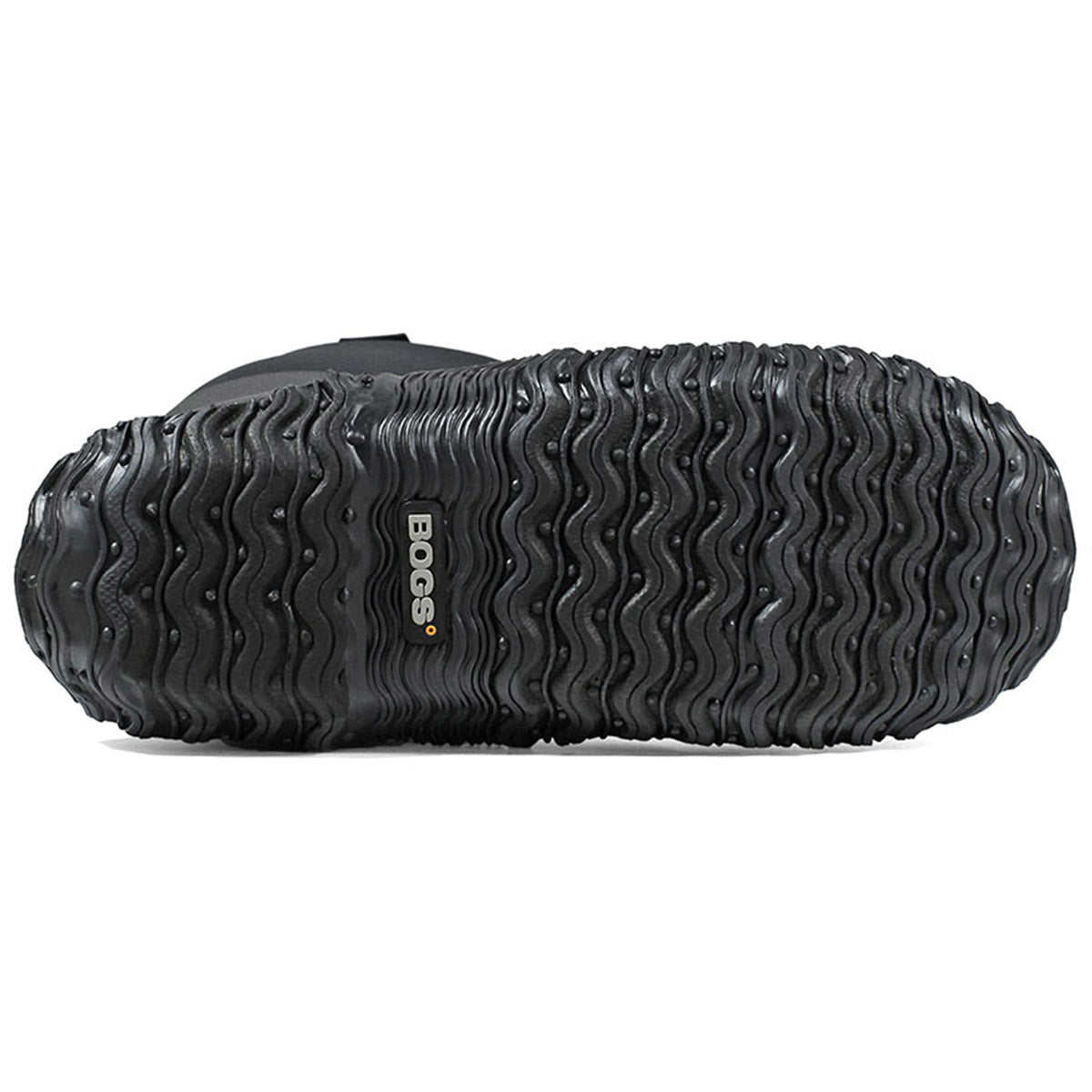 Sole of a Bogs Classic Tall Black boot showing tread pattern.