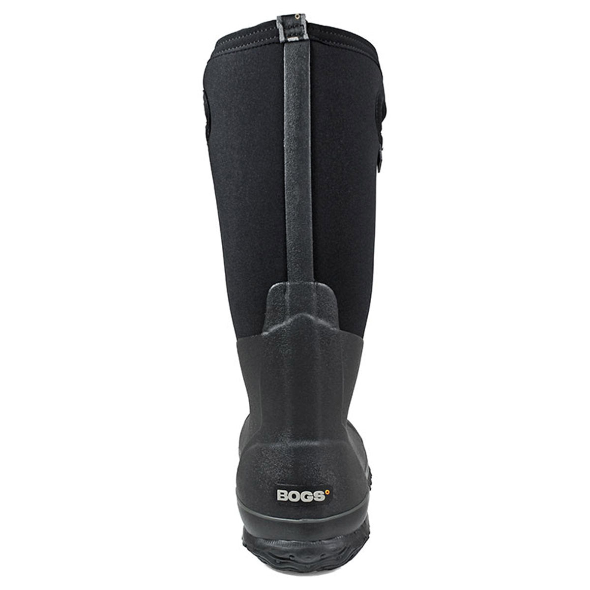 Sentence with replacements: Black neoprene and rubber Bogs Classic Tall boot with a side zipper.
