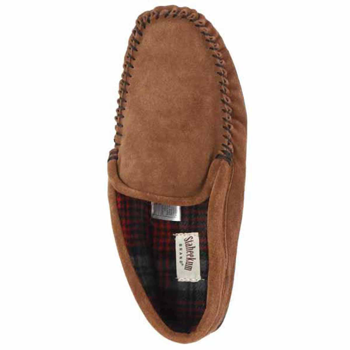 A single brown Staheekum Trapper Flannel slip-on moc with a plaid interior and cow suede upper.