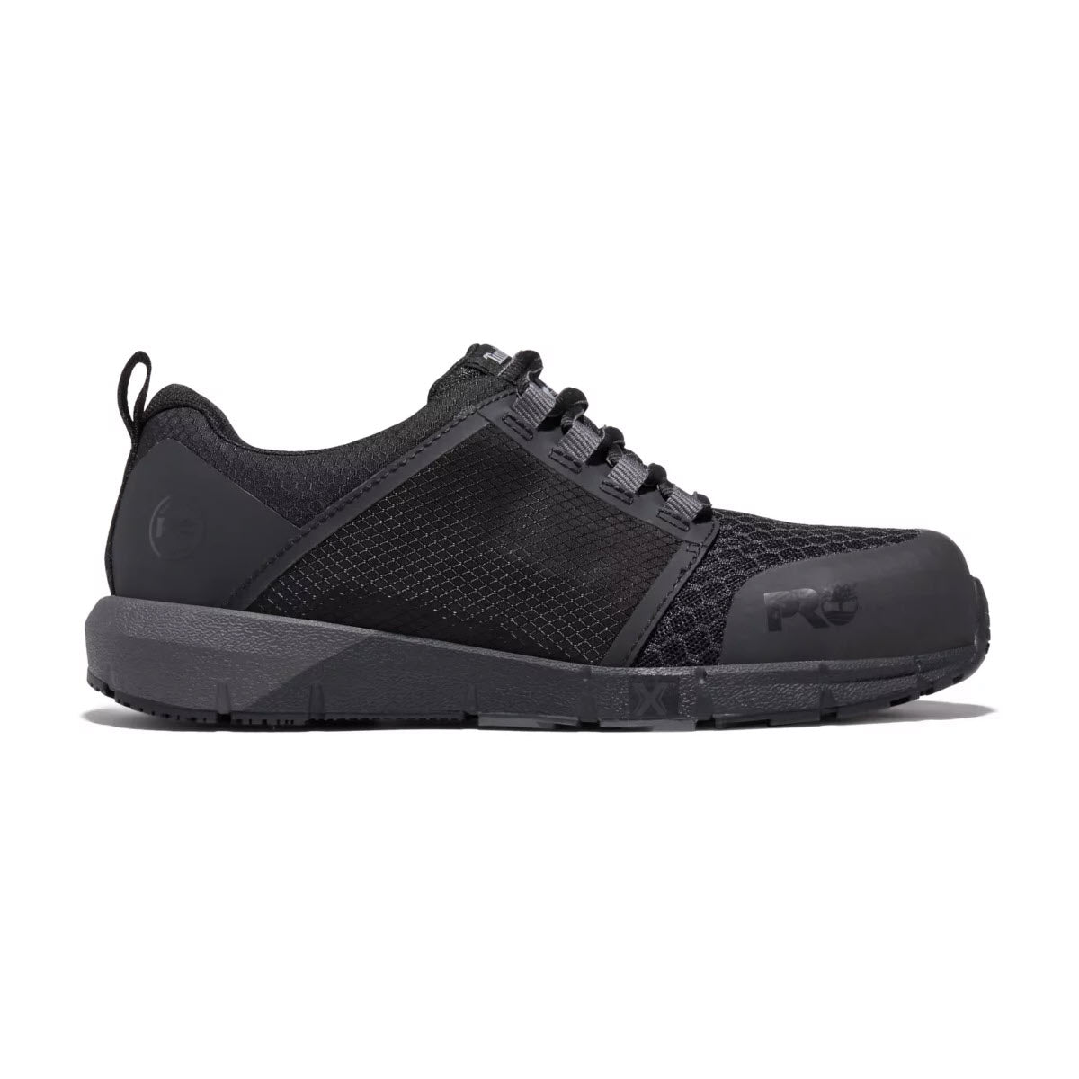 Timberland black athletic composite-toe work shoe with a textured upper and lace-up closure.
