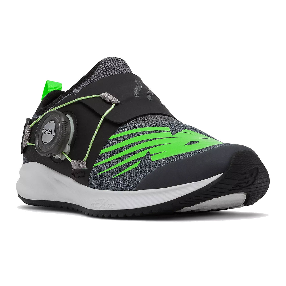 A black and green athletic shoe with a New Balance® FuelCore Reveal BOA Fit System.
