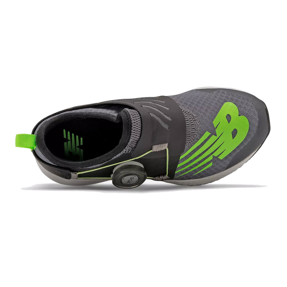 A top-down view of a gray New Balance Fuelcore Reveal Boa sport shoe with neon green accents and a Boa® Fit System strap.