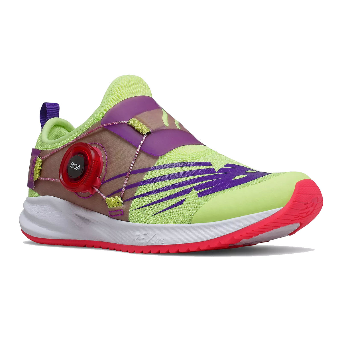 Colorful athletic shoe with a New Balance FUELCORE REVEAL BOA LIME/PINK - KIDS for lacing.