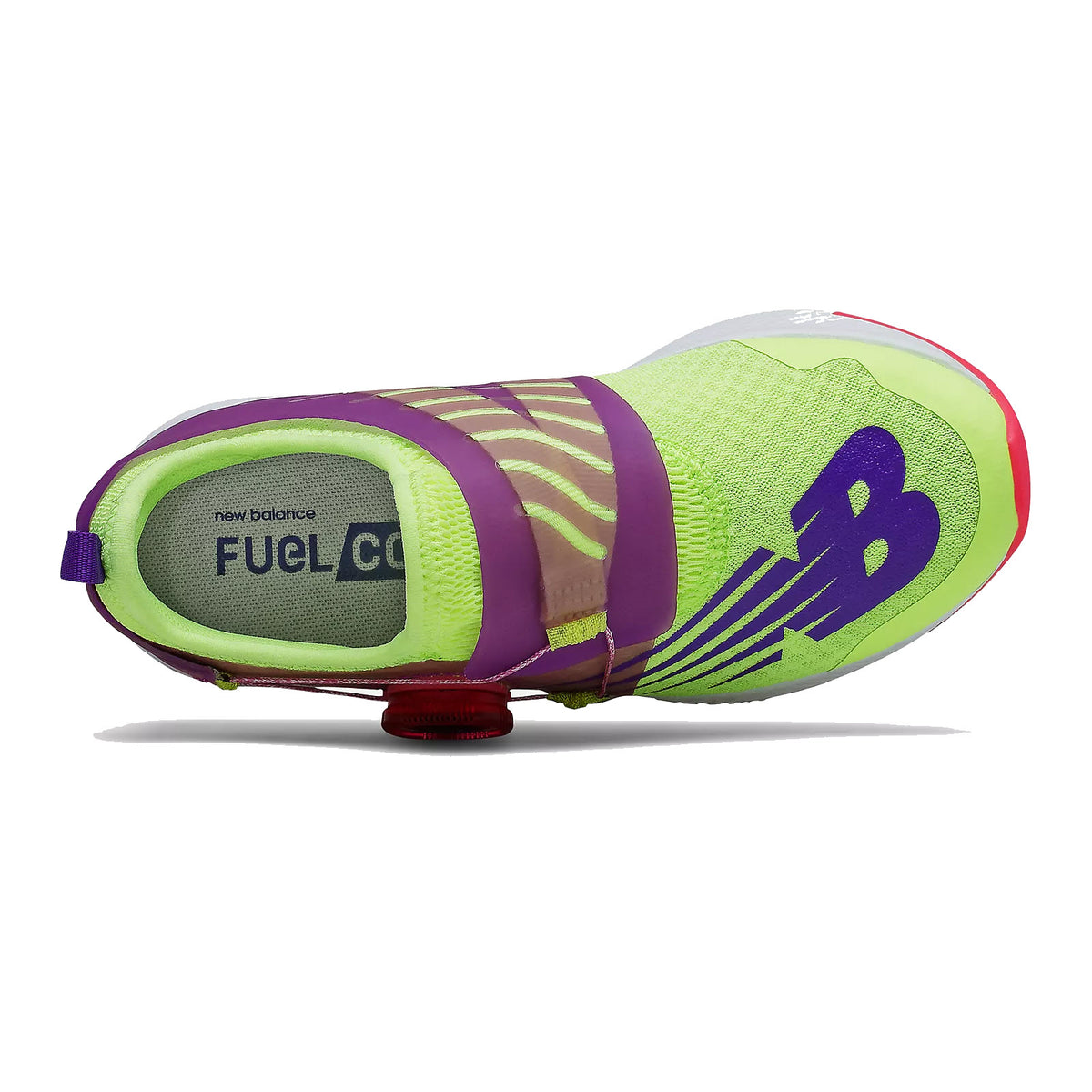 Brightly colored New Balance FuelCore Reveal Boa Lime/Pink running shoe with fuelcell technology, viewed from above.
